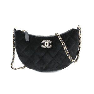 CHANEL Matelasse Half Moon Chain Shoulder Bag Velor Black Purse 90284118
